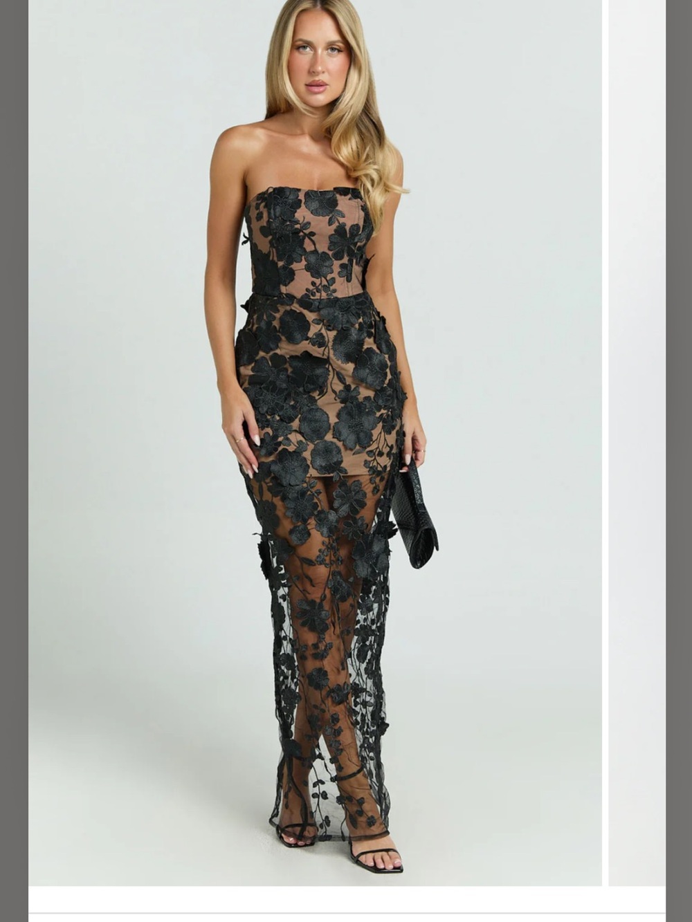 Showpo Black Floral Lace Strapless Gown
